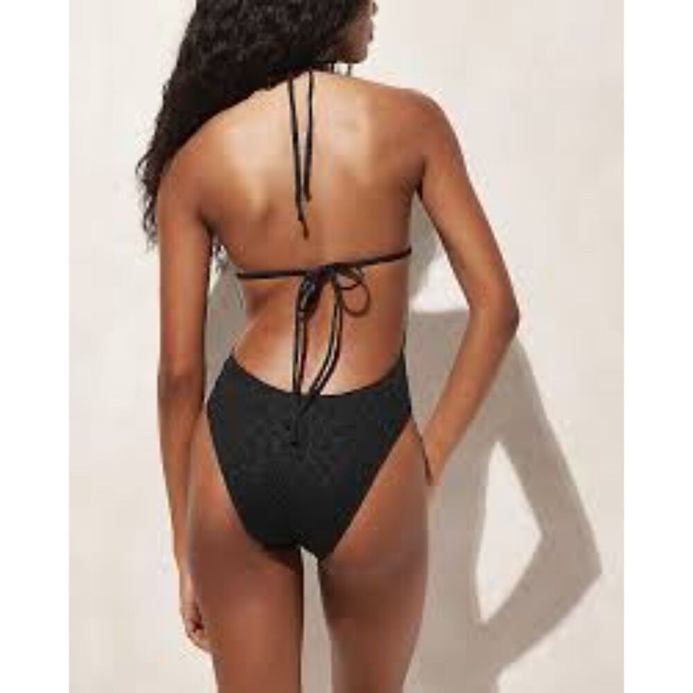 J.CREW NWT Swimsuit sz18 Black Cloque One Piece Beaded Trim Tie Neck Open Back - Picture 7 of 15